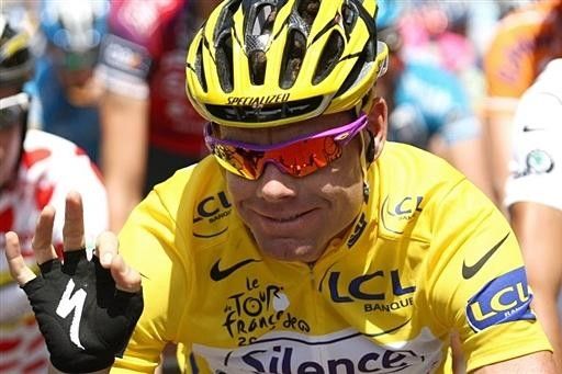 Cadel Evans (Silence-Lotto) enjoys his first day in yellow.
