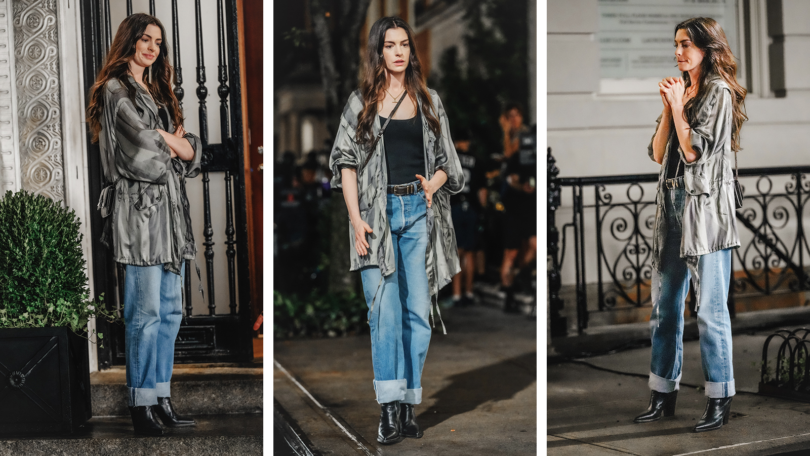 Anne Hathaway filming for The Devil Wears Prada 2 wearing a Dries Van Noten Raincoat, blue jeans and ankle boots