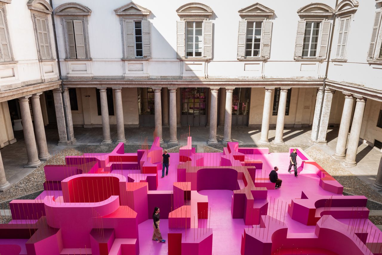 Lose yourself in Lina Ghotmeh’s pink maze within Milan’s Palazzo Litta courtyard