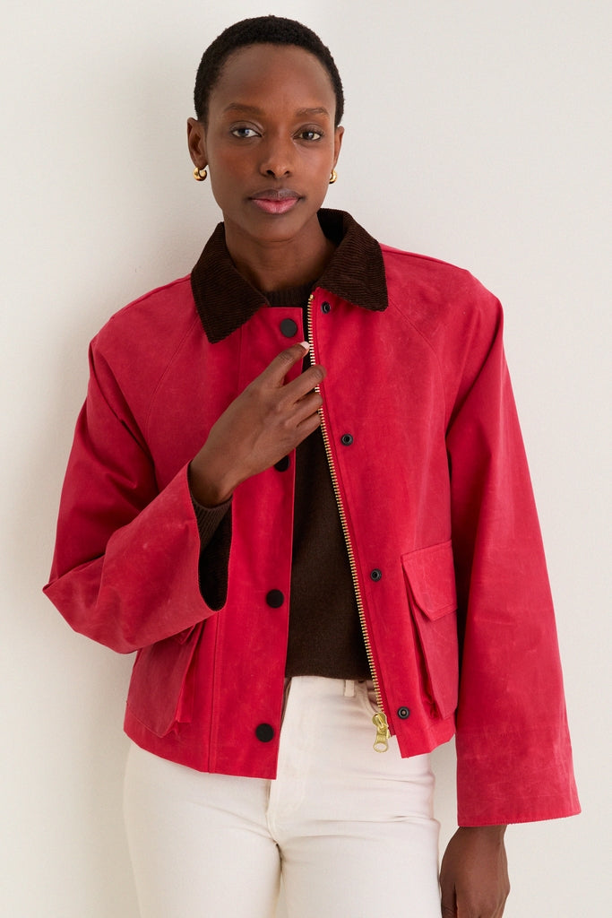Red Cropped Chiltern Jacket in Waxed Cotton