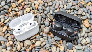 Airpods Pro 2 and Sony WH-1000XM4 side-by-side in charging case on pebbles