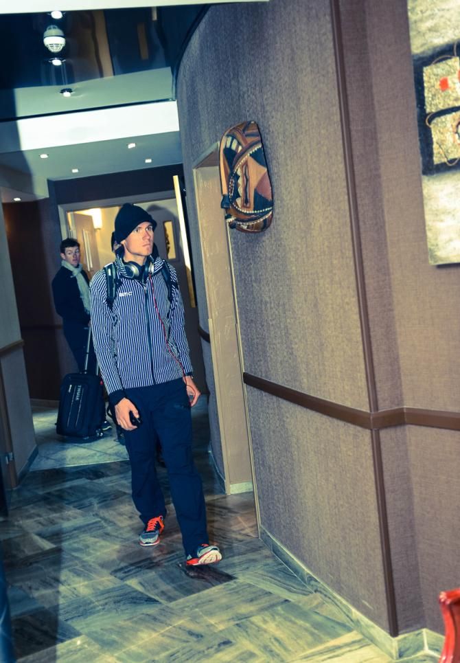 Tejay van Garderen makes his way through the hotel lobby