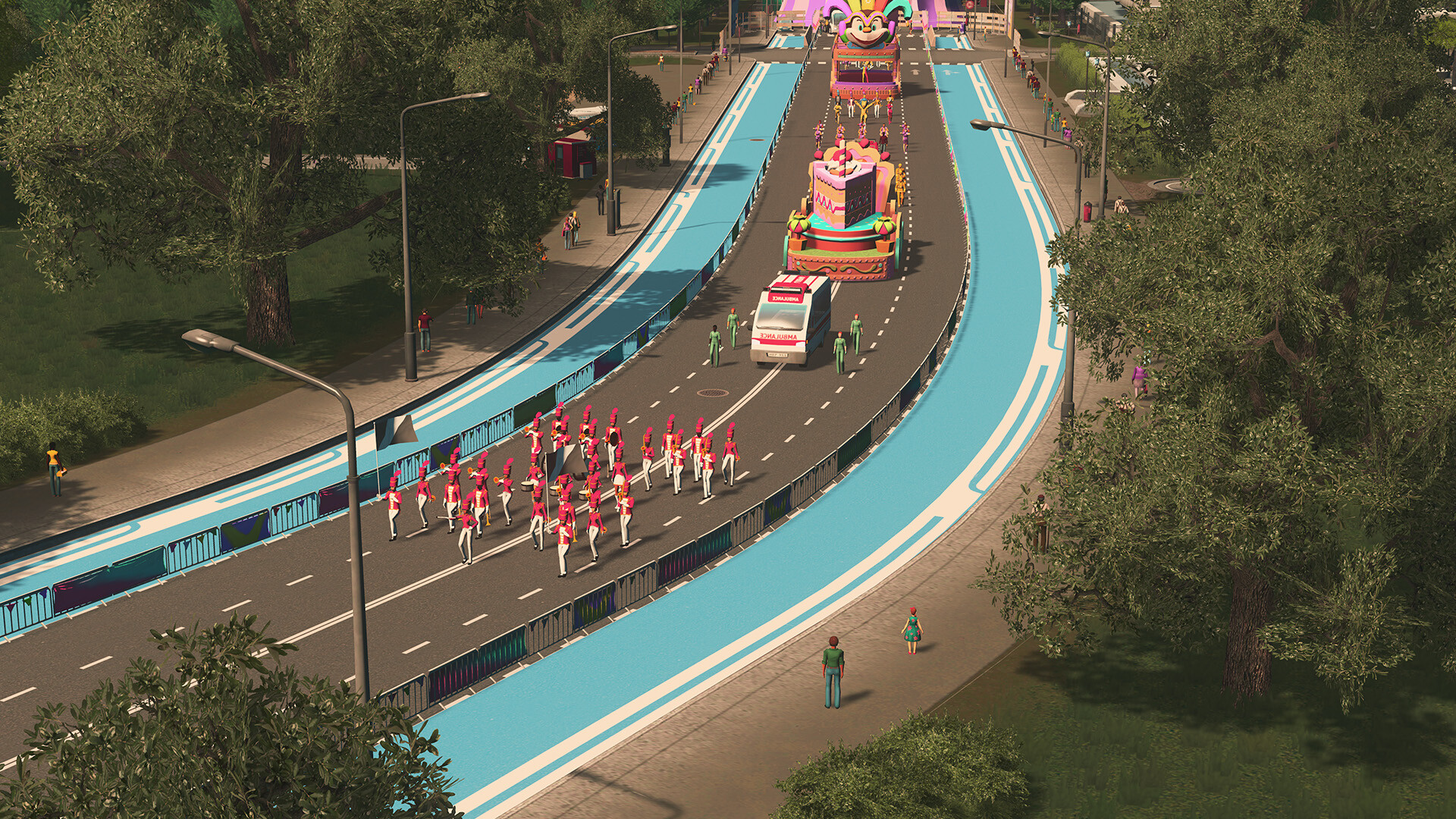 A parade fronted by a marching band glides down a street in Cities Skylines: Race Day