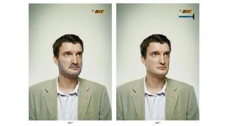 Bic advert showing a man, one with a beard drawn on and one clean shaven