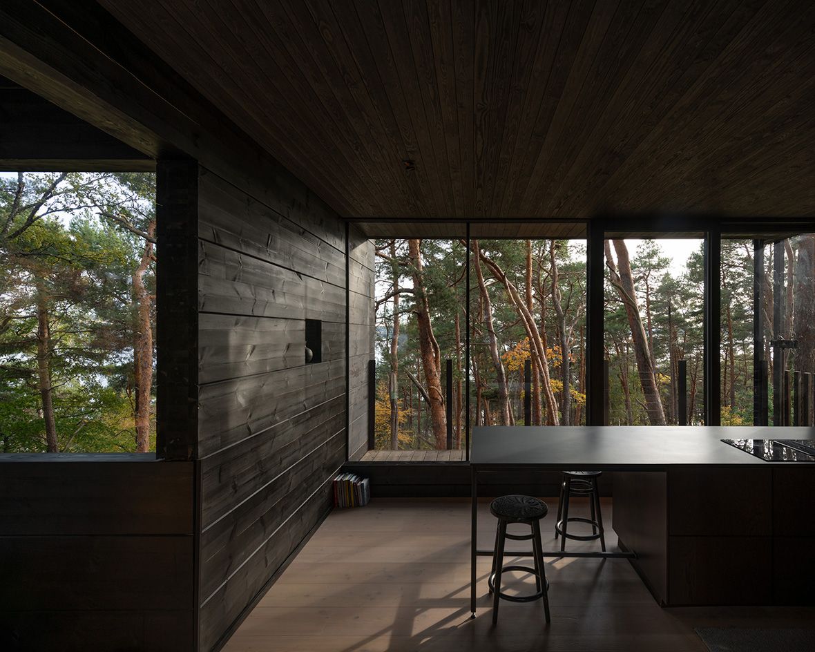 view through timber setting towards woods at Oslo house Villa Nikkesmelle by Gartnerfuglen 