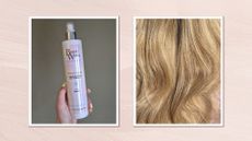 On the left, a close-up of Digital Beauty Writer, Naomi Jamieson's hand holding a bottle of the Beauty Works Dream Shine Spray On Humidity Shield, in front of a dark green template and on the right, a close-up picture of Naomi's shiny hair after using the spray/ both featured in a pastel pink template