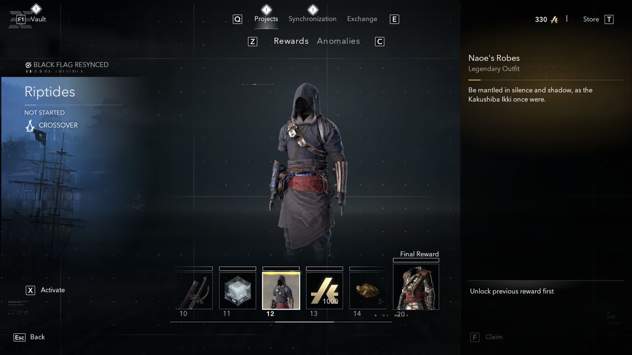 Black Flag outfits: Naoe's Robes viewed in the Projects menu.