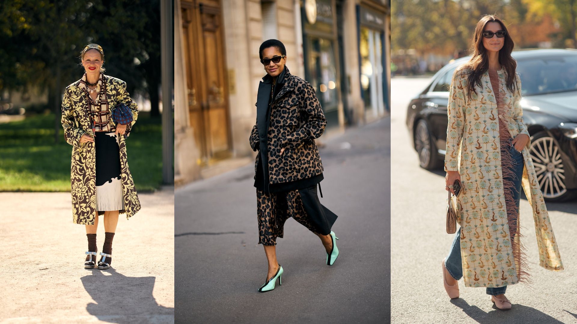 Fashion month show attendees wearing statement coats