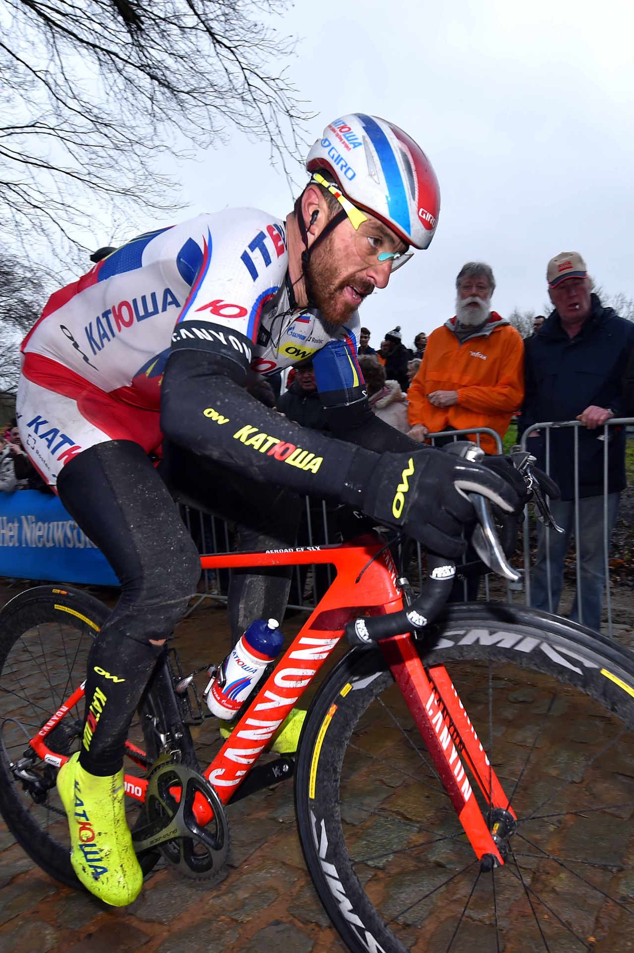 Luca Paolini (Katusha) struggled up the Kemmelberg but was unstoppable when he launched his race winning move with 6km to go