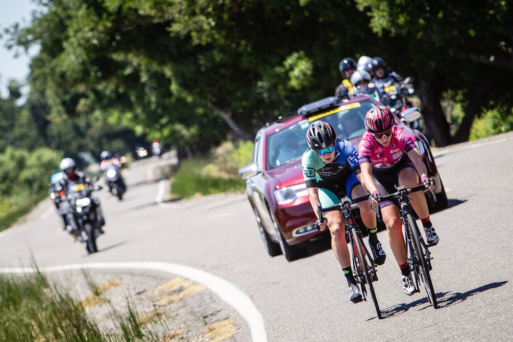 Whitney Allison (Hagens Berman-Supermint) and BePink's Lisa Morzenti in the break on stage 1 of the 2018 Amgen Women's Race