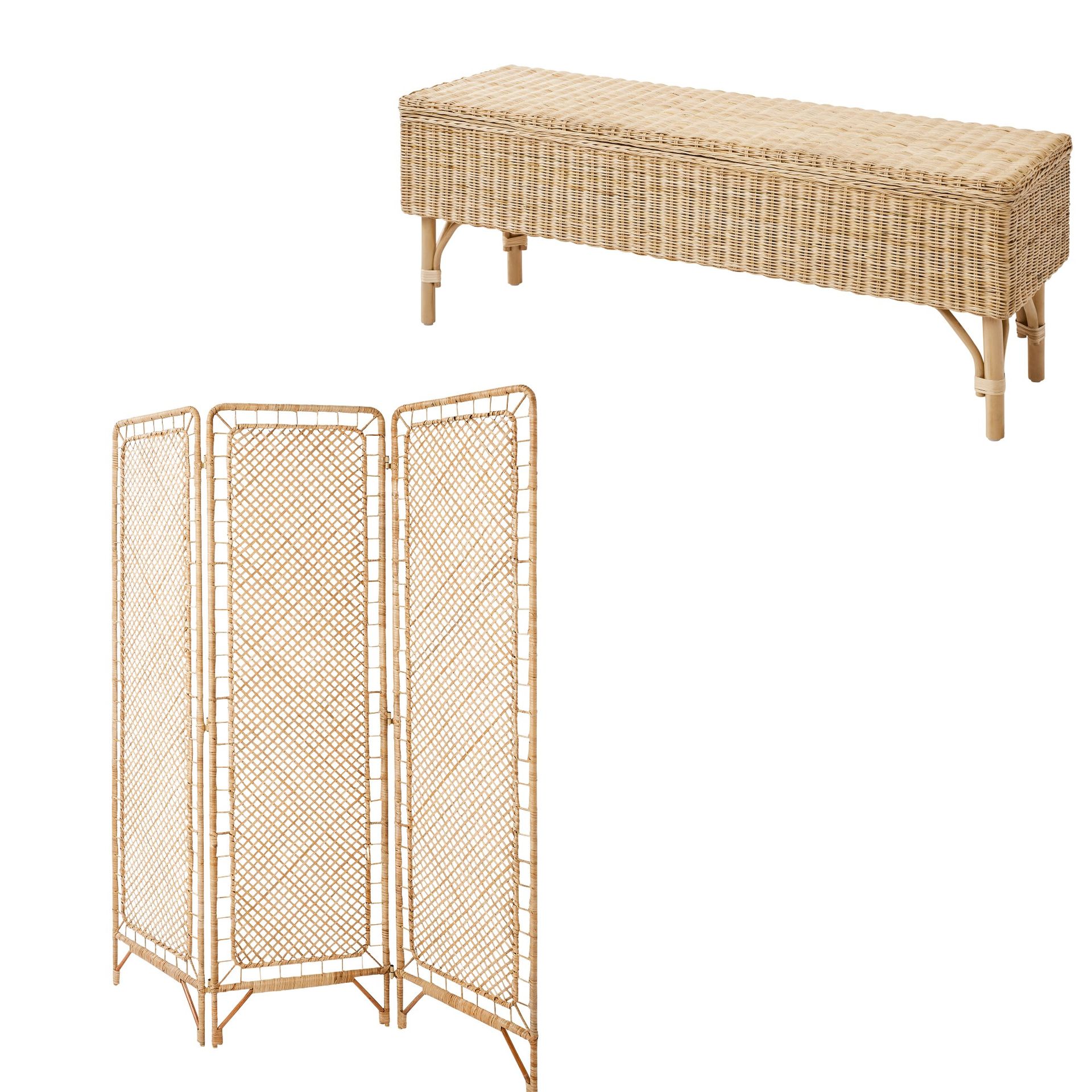 IKEA rattan storage bench and rattan room divider