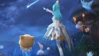 A stylishly-dressed infinity nikki character points upward at a star shooting through the sky. several cute animals look on.