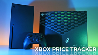 An Xbox Series X console, controller, and retail box standing under vibrant green and orange atmospheric lighting and the words "Xbox Price tracker" on the lower thirds.
