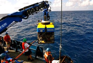 The remotely operated vehicle (ROV) Jason returns from a dive to a deep-sea vent.