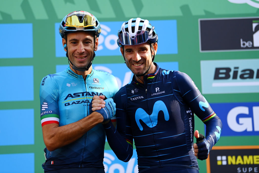 BERGAMO ITALY OCTOBER 08 LR Vincenzo Nibali of Italy and Team Astana Qazaqstan and Alejandro Valverde Belmonte of Spain and Movistar Team on their final day of their professional career prior to the 116th Il Lombardia 2022 a 253km one day race from Bergamo to Como iLombardia on October 08 2022 in Bergamo Italy Photo by Tim de WaeleGetty Images