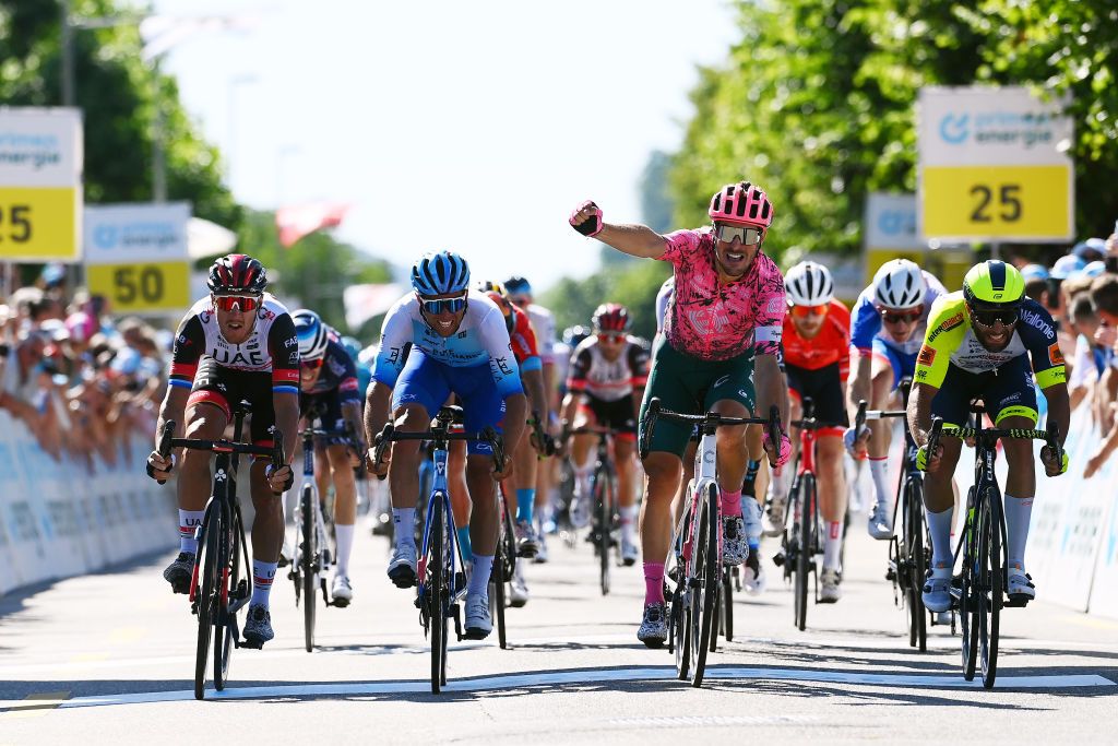 AESCH SWITZERLAND JUNE 13 Alberto Bettiol of Italy and Team EF Education Easypost Michael Matthews of Australia and Team BikeExchange Jayco Andrea Pasqualon of Italy and Team Intermarch Wanty Gobert Matriaux Matteo Trentin of Italy and UAE Team Emirates sprint to cross the finishing line during the 85th Tour de Suisse 2022 Stage 2 a 198km stage from Kusnacht to Aesch ourdesuisse2022 WorldTour on June 13 2022 in Aesch Switzerland Photo by Tim de WaeleGetty Images