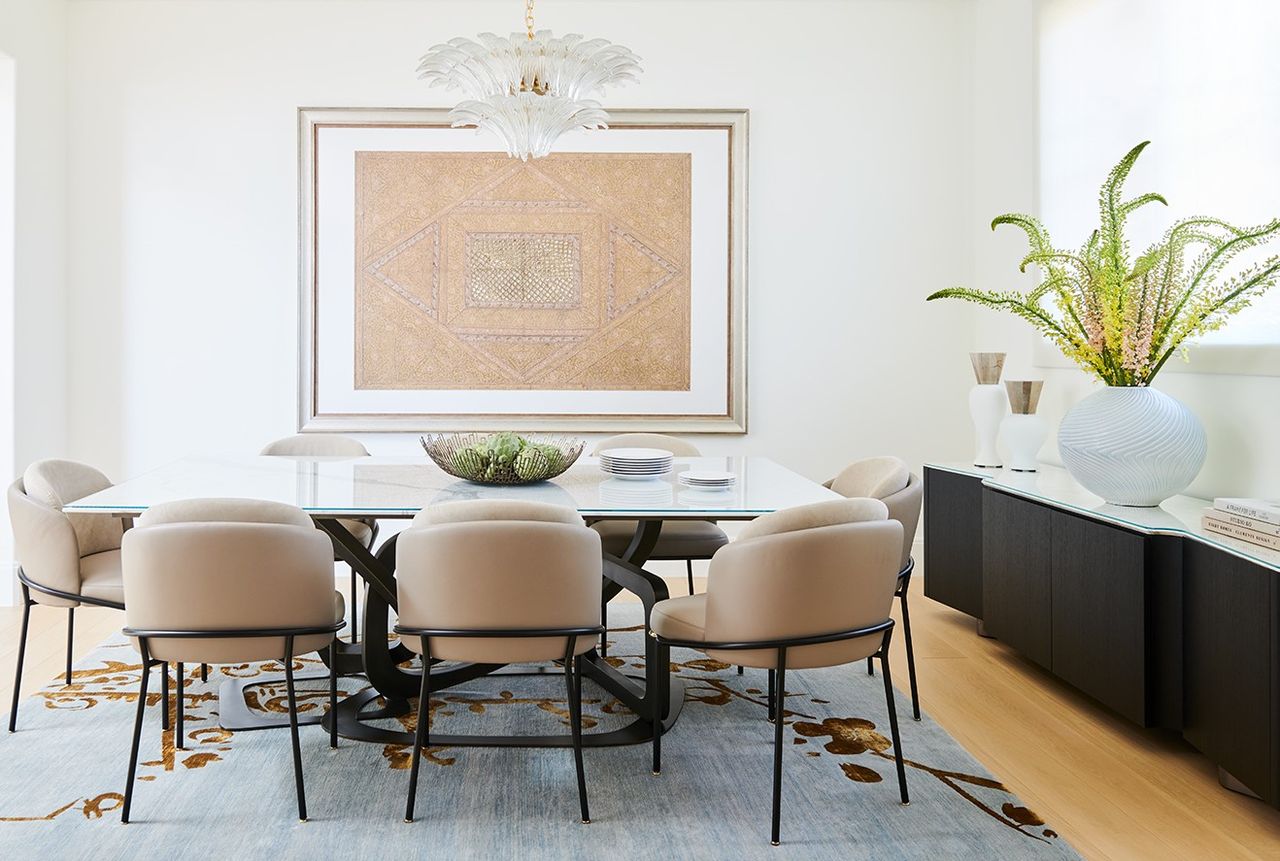 A dining room with a buffet