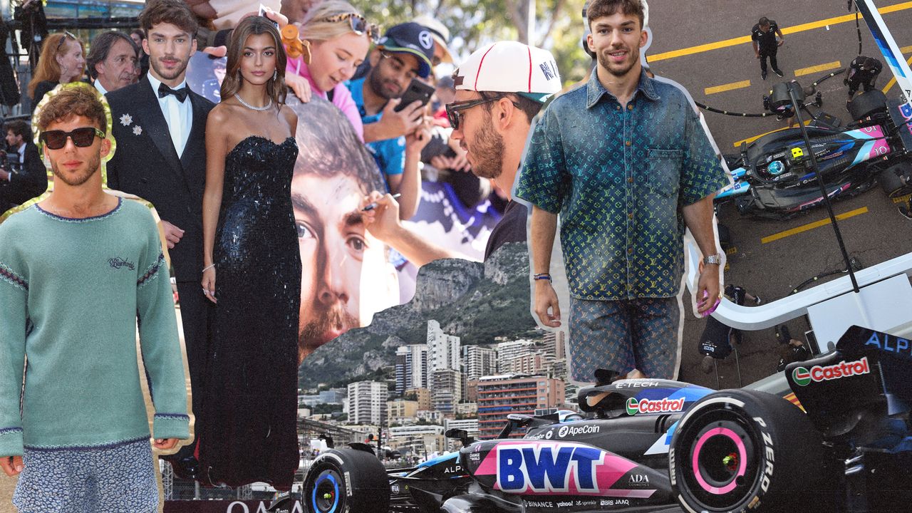 A collage of photos of Pierre Gasly in Bluemarble and Louis Vuitton clothes during fashion week; his Alpine F1 Racing Team car at the Monaco Grand Prix; and him and his girlfriend, Francisca Gomes, at Cannes.