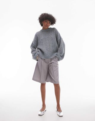 Topshop Knitted Vertical Rib Crew Oversized Jumper in Grey