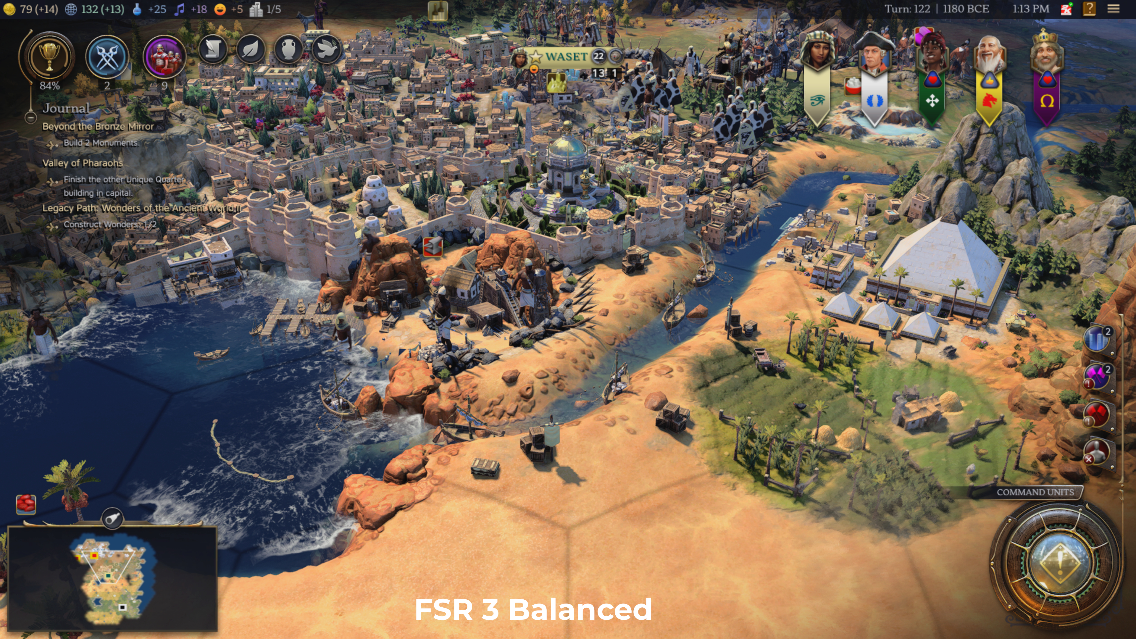 A screenshot from Civilization 7, showing the impact of anti-aliasing on the game's graphics