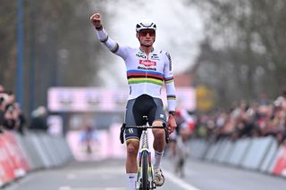 KOKSIJDE, BELGIUM - DECEMBER 21: Mathieu Van Der Poel of Netherlands and Team Alpecin-Deceuninck celebrates at finish line as race winner during the 19th UCI Cyclo-Cross World Cup Koksijde 2025 - Men's Elite on December 21, 2025 in Koksijde, Belgium. (Photo by Luc Claessen/Getty Images)