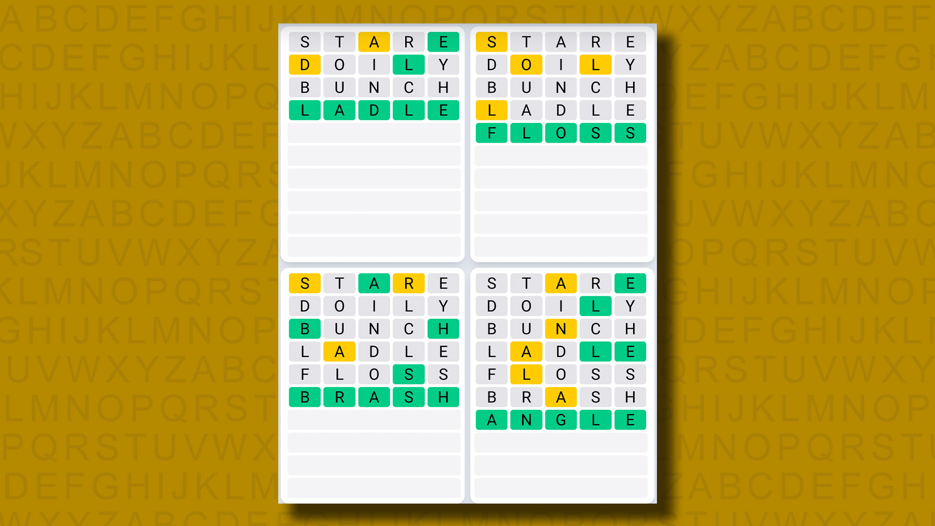 Respuestas de la secuencia diaria de Quordle para el juego 872 sobre un fondo amarillo