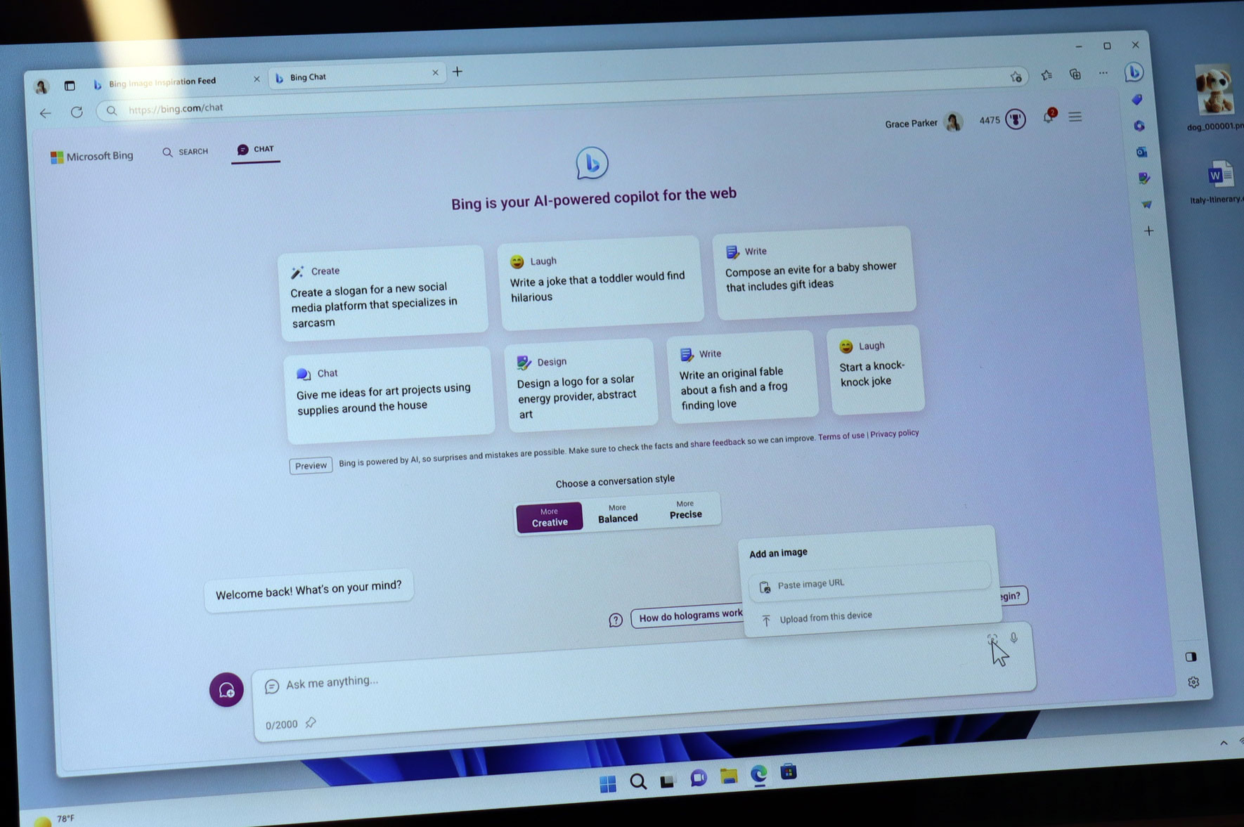Windows Server Bing AI chat main screen