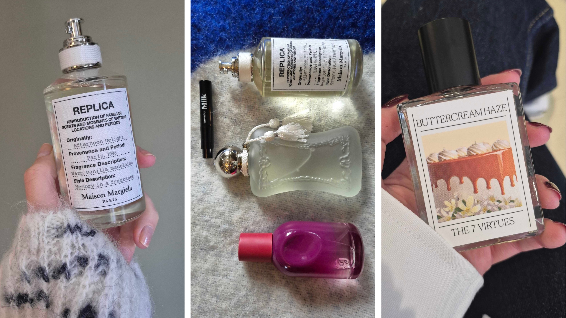On the left is a close-up of Digital Beauty Writer, Naomi Jamieson's hand holding Maison Margiela's Afternoon Delight perfume in front of a green background, followed by a collection of the Patisserie perfumes also featured in this roundup, (from Commodity, Glossier, Parfums de Marly and Maison Margiela) seen spread across a white and blue blanket. Then finally, on the right, is another picture of Naomi's hand, seen holding The 7 Virtues Buttercream Haze perfume.
