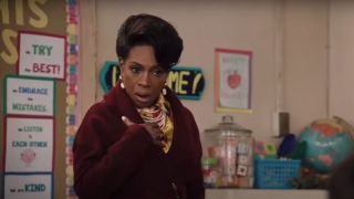 Sheryl Lee Ralph in Abbott Elementary looking taken aback, mouth opened, while talking with a student.