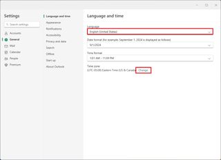 Outlook language and time