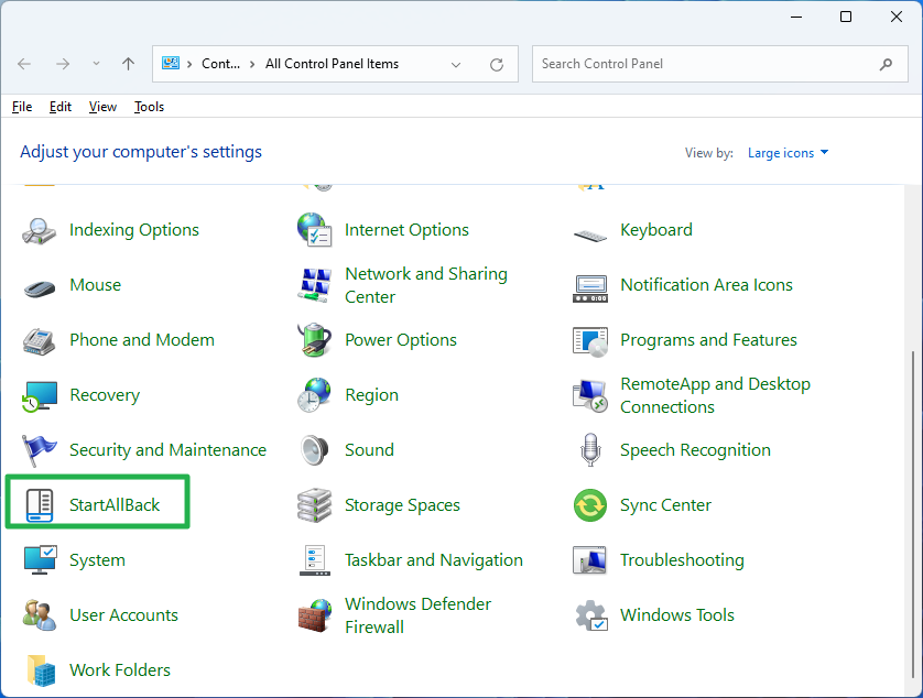 StartAllBack in Control Panel