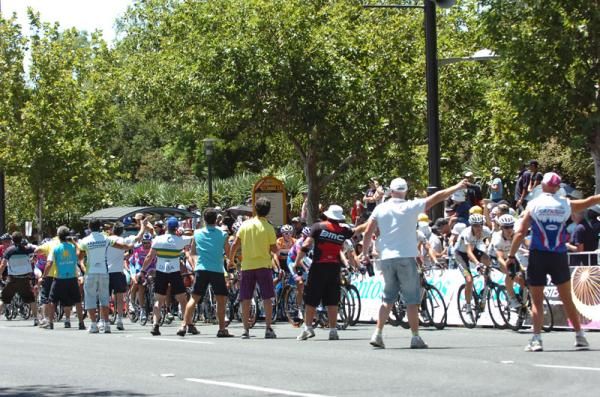 The riders head through the feedzone