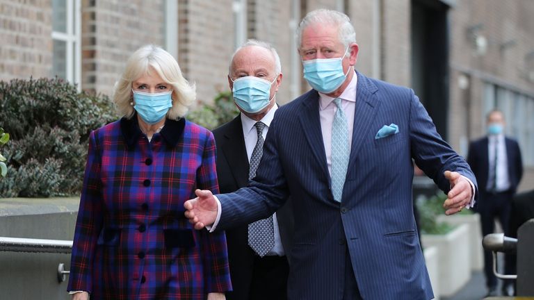 Prince Charles, Prince of Wales and Camilla, Duchess of Cornwall visit The Queen Elizabeth Hospital on February 17, 2021 in Birmingham, England