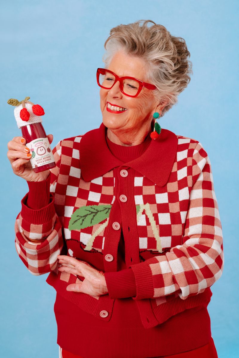 imagery of Prue Leith and knitters in House of Sunny knitwear for the Age UK, Innocent Smoothie campaign