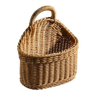 Woven Wicker Hanging Wall Storage Basket for Flowers Essentials, Decorative Boho Mounted Organizer for Pantry Closet Bathroom and Door