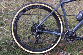 Rear 700c wheel fitted to a Sonder gravel bike