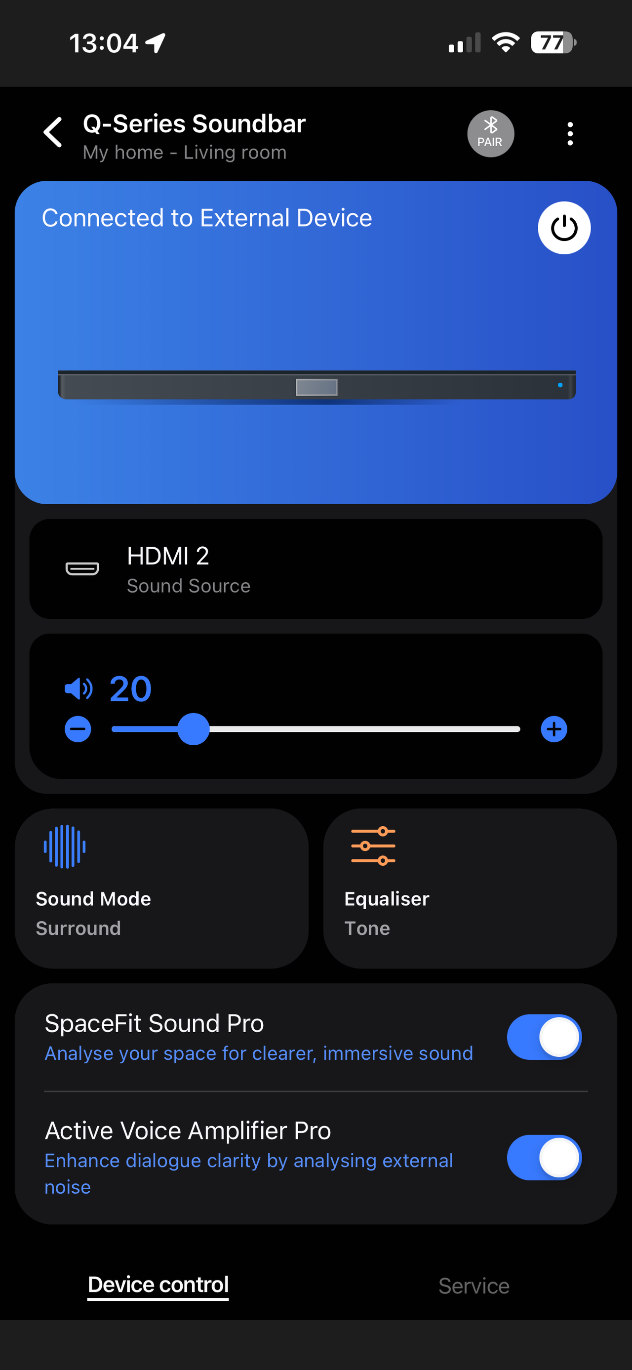 Screenshot of the SmartThings app, showing main screen for Samsung HW-Q990F soundbar.