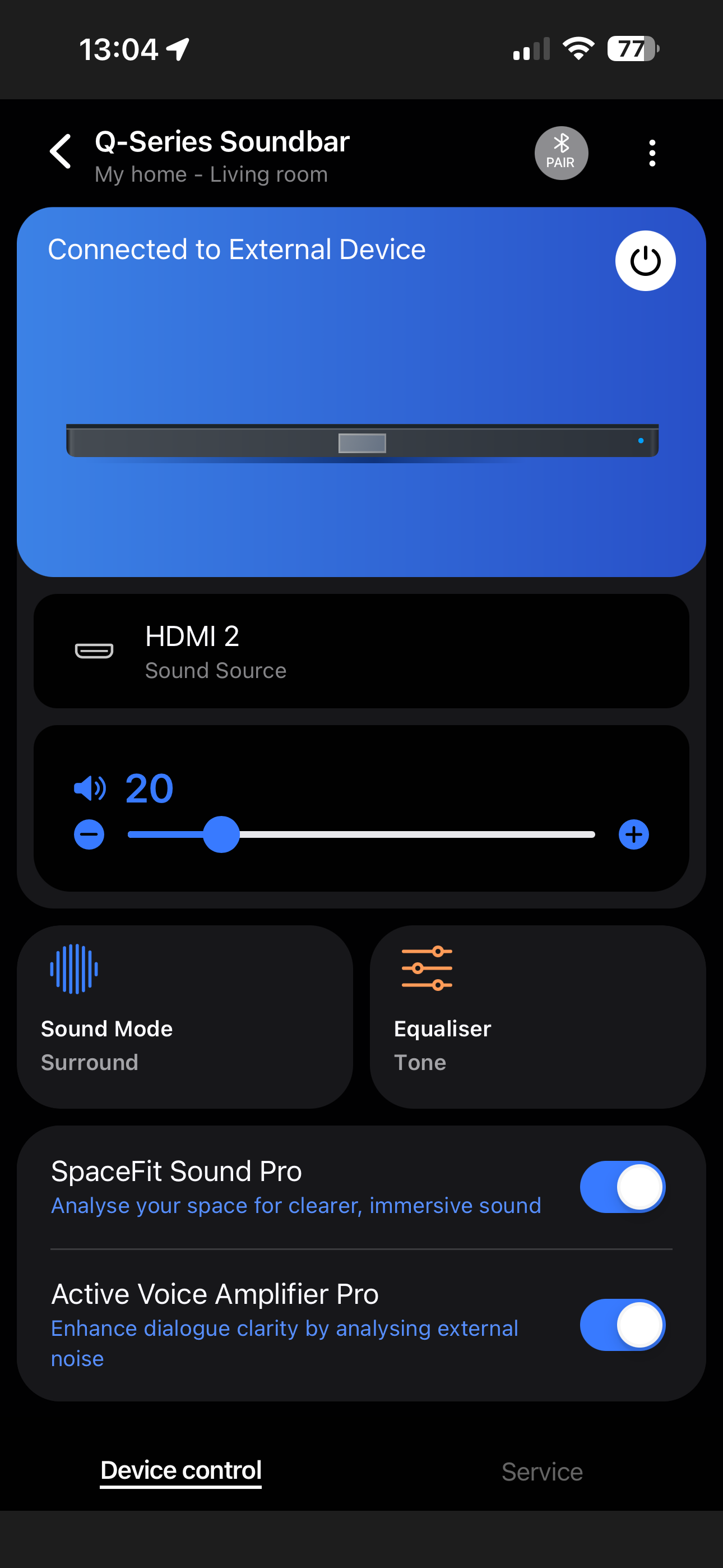 Screenshot of the SmartThings app, showing main screen for Samsung HW-Q990F soundbar.