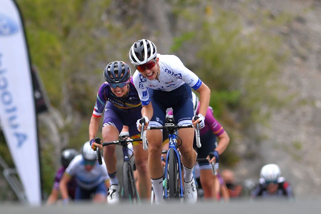 OJO GUAREA SPAIN MAY 22 Katarzyna Niewiadoma of Poland and Team Canyon SRAM Racing Cecilie Uttrup of Ludwig Denmark and Team FDJ Nouvelle Aquitaine Futuroscope sprint at arrival during the 6th Vuelta A Burgos Feminas 2021 Stage 3 a 1154km stage from Medina de Pomar to Complejo Krstico de Ojo Guarea 768m VueltaBurgos BurgosFem UCIWWT on May 22 2021 in Ojo Guarea Spain Photo by Luc ClaessenGetty Images