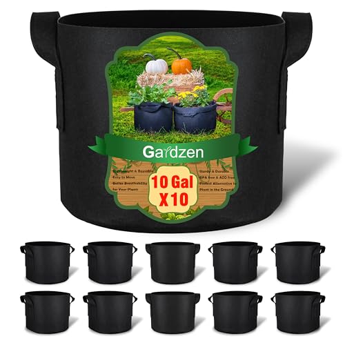 Gardzen 10-Pack 10 Gallon Grow Bags, 300g Thickened Aeration Fabric Pots With Handles, Heavy Duty Cloth Pots for Plants