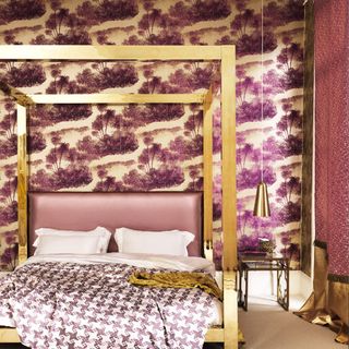 bedroom with hear warming wallpaper