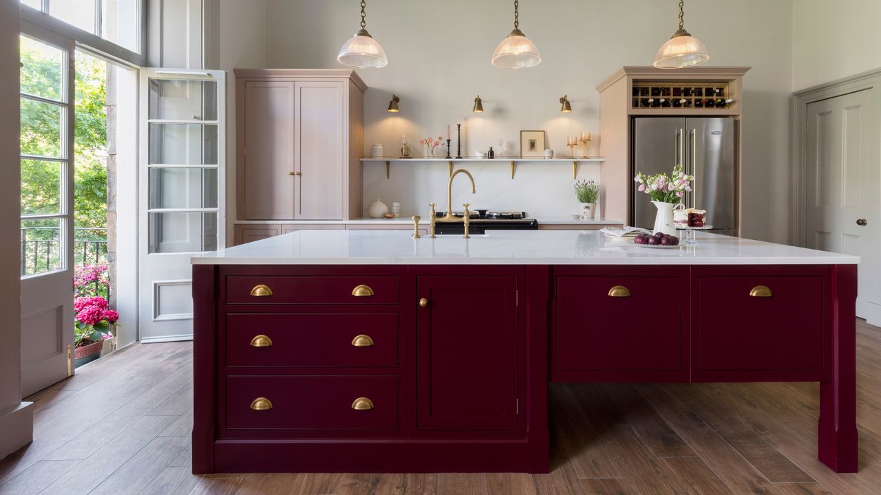 Harvey Jones kitchen with dark red kitchen island