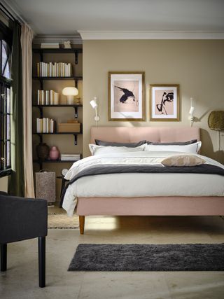 bedroom with neutral color scheme and black shelving