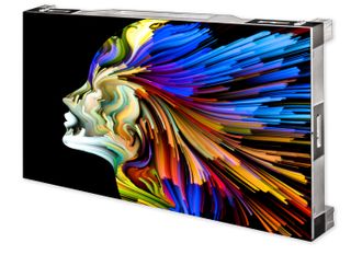 A Digital Projection LED display with a woman with very colorful waving hair.