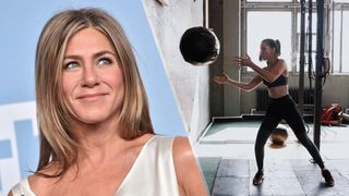 a photo of Jennifer Aniston and a woman doing a wall throw