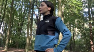 Staff writer Julia Clarke wearing the The North Face Mountain Athletics Women’s 1/4 Quarter zip fleece while hiking