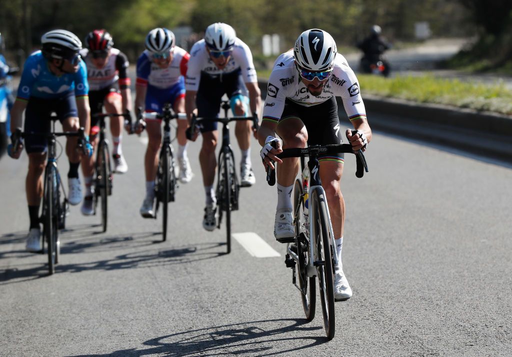 LIEGE BELGIUM APRIL 25 Alejandro Valverde Belmonte of Spain and Movistar Team Tadej Pogacar of Slovenia and UAE Team Emirates David Gaudu of France and Team Groupama FDJ Michael Woods of Canada and Team Israel StartUp Nation Julian Alaphilippe of France and Team Deceuninck QuickStep in the Breakaway during the 107th Liege Bastogne Liege 2021 Mens Elite a 2595km race from Bastogne to Lige LBL on April 25 2021 in Liege Belgium Photo by Bas CzerwinskiGetty Images