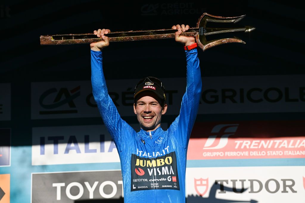 Primoz Roglic with the winner&#039;s trophy from the 2023 Tirreno-Adriatico