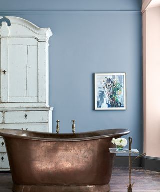 The best paint colors for selling a house: interior of a bathroom painted in Grey Stone, Little Greene