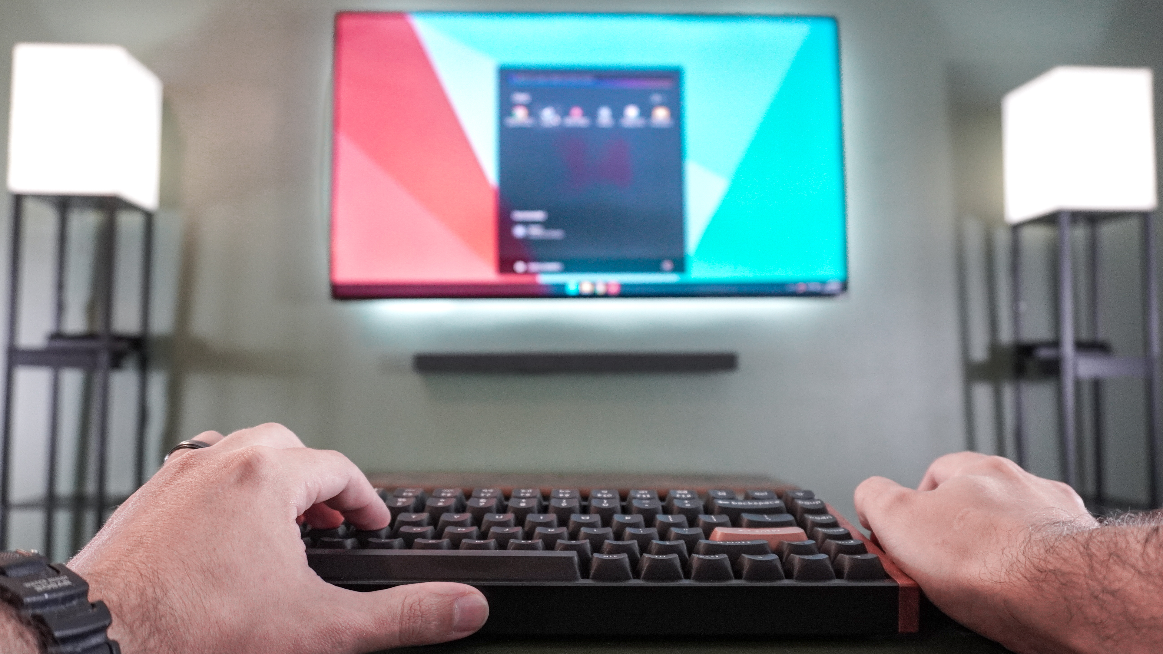 Using a mouse and keyboard with the Framework Desktop in front of a TV in the living room